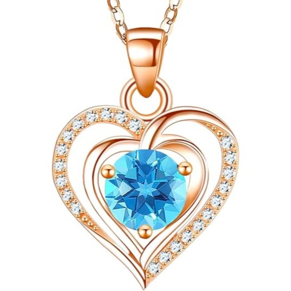 Y-Rose Gold-03-Mar Heart Birthstone Pendant 925 Silver Zirconia Necklace